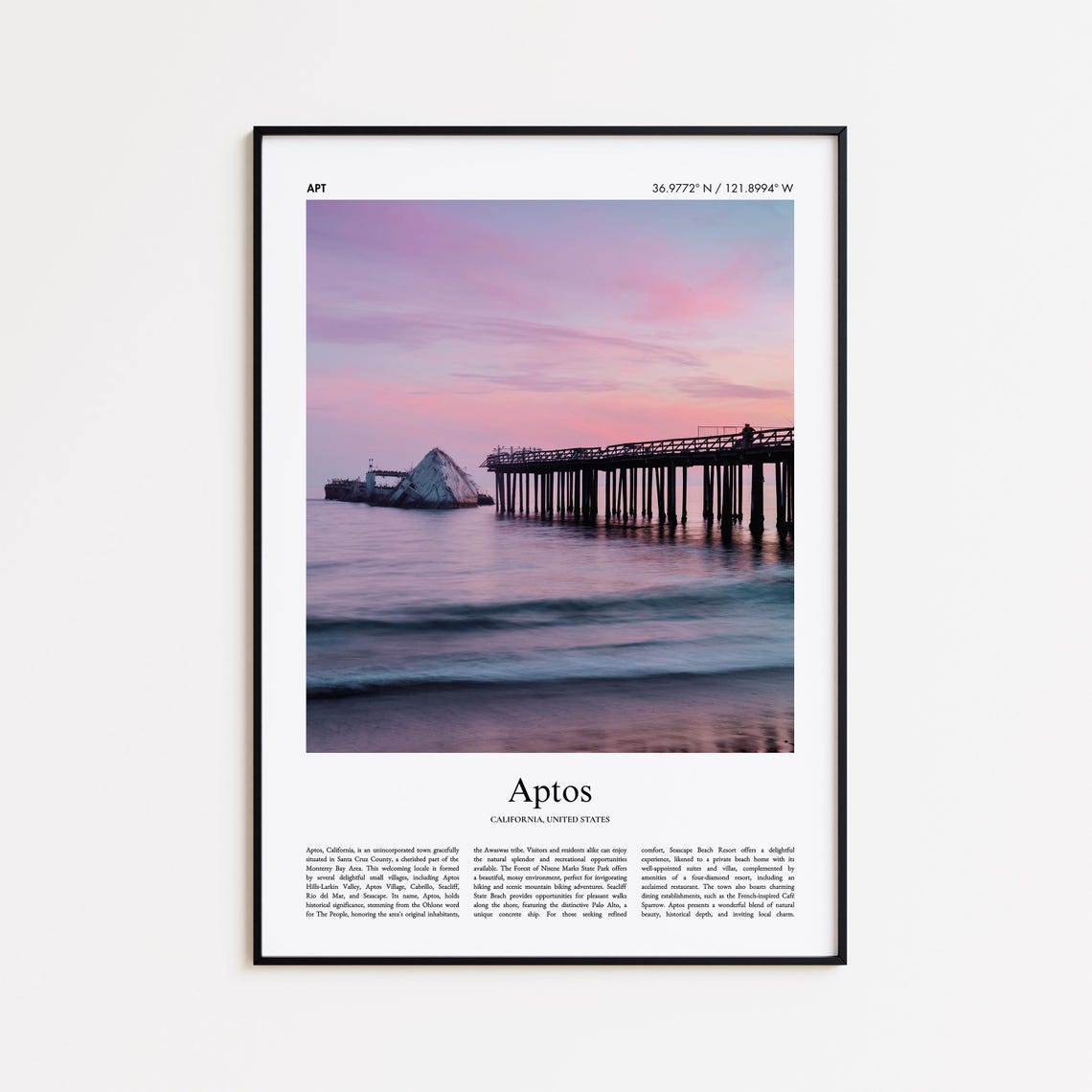 Aptos California Pier Sunset Pink Sky Coast Travel Photo Poster