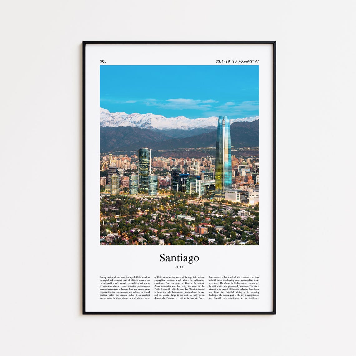 Santiago Chile Skyline Snowy Andes Mountains Cityscape Poster