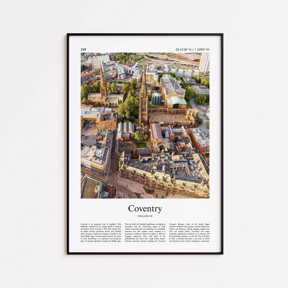 Coventry England Old Town Spires Aerial Minimal Photo Travel Poster