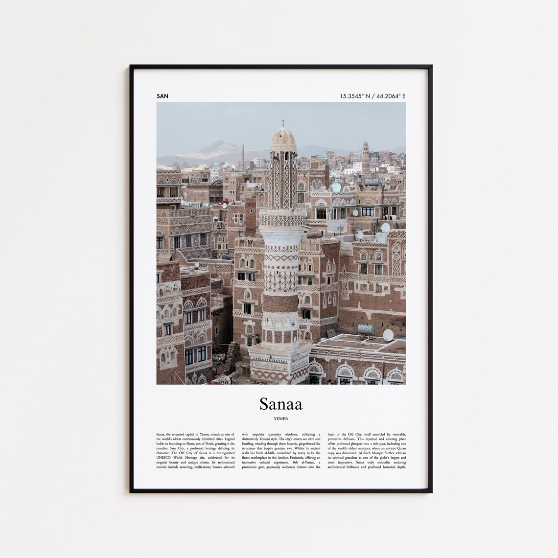 Sanaa Yemen Old City Tower Houses and Minarets Travel Poster