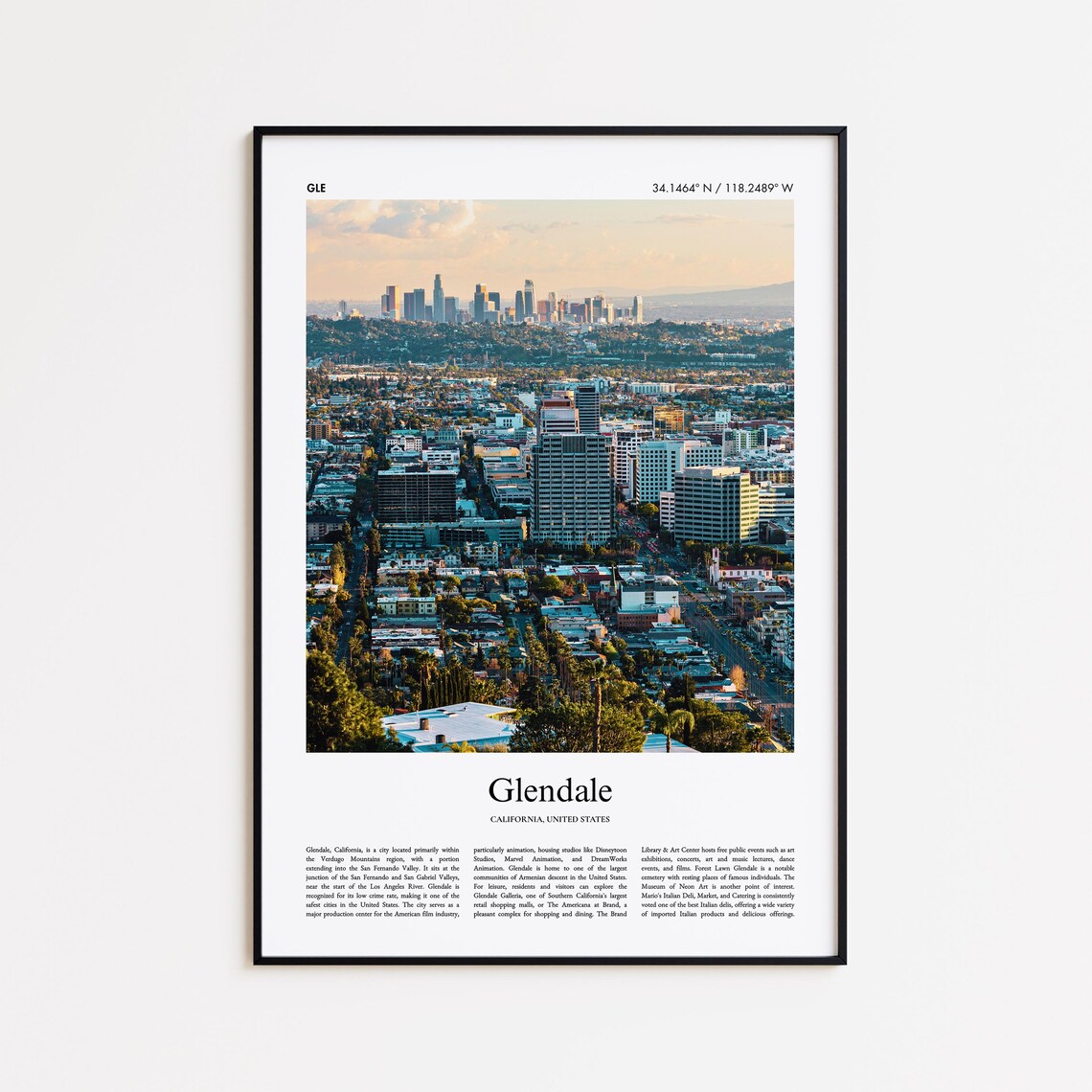 Glendale California Skyline City View Sunset Travel Photo Poster