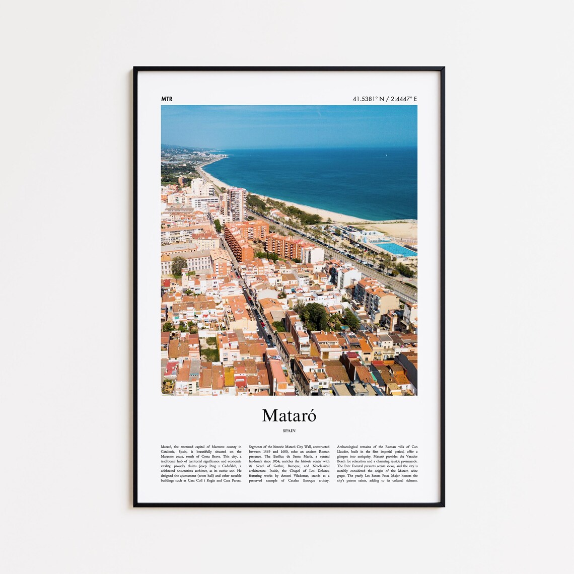 Mataro Spain Coastal City Beach Aerial Minimalist Travel Photo Poster
