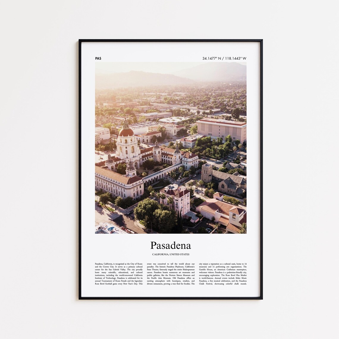 Pasadena California City Hall Golden Hour Aerial Photo Travel Poster