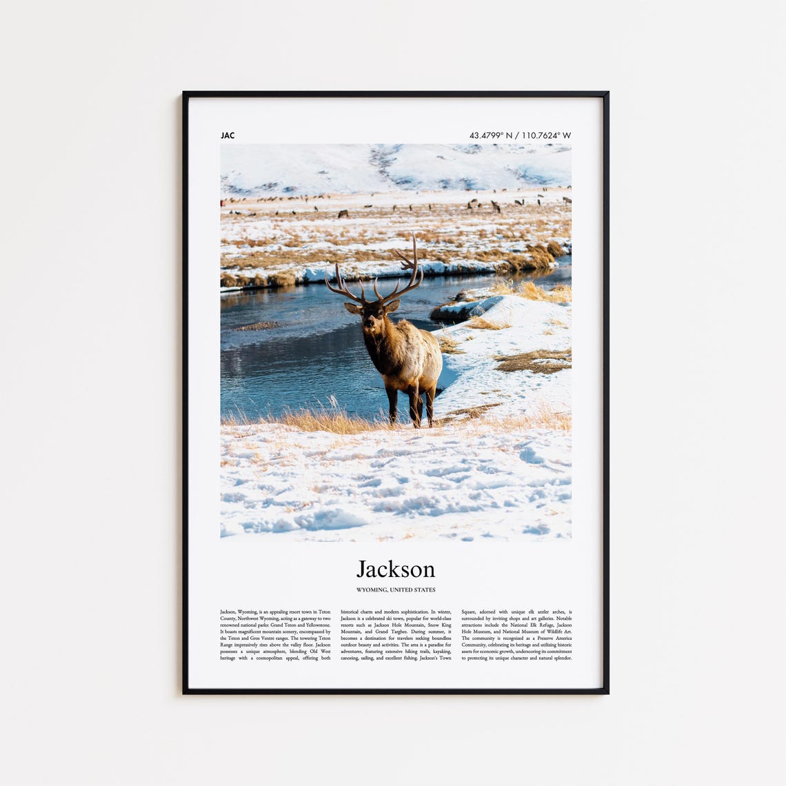 Jackson Wyoming Elk Wildlife Snowy River Minimalist Travel Poster