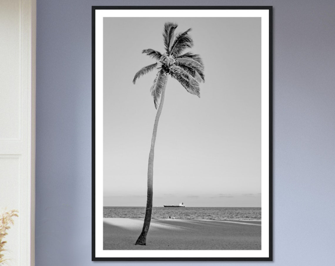 Black and White Palm Tree Beach Minimalist Coastal Photo Poster
