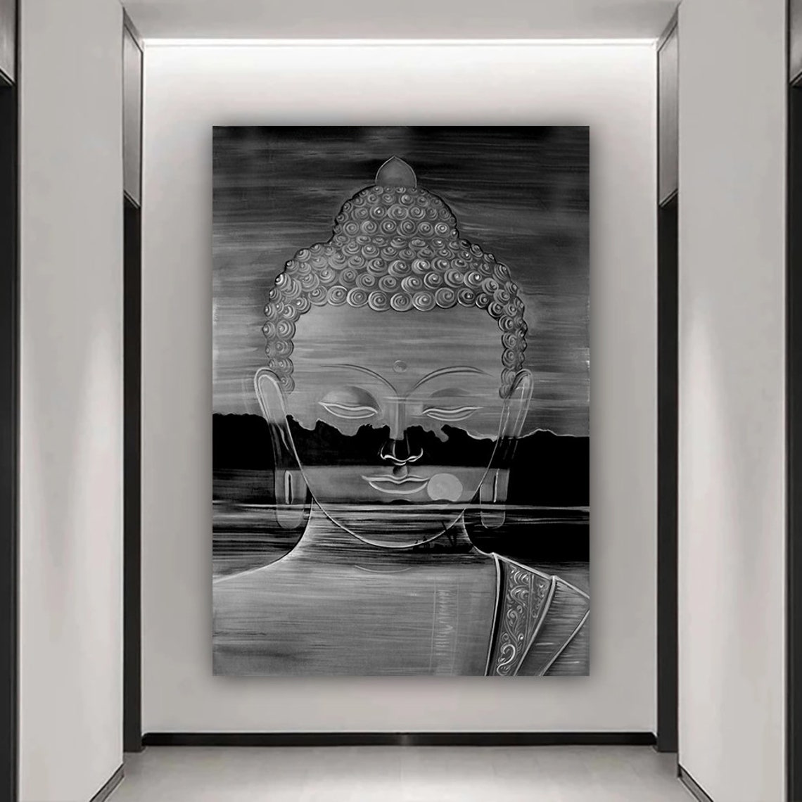 Black And White Buddha Face Serene Meditation Zen Wall Art Poster