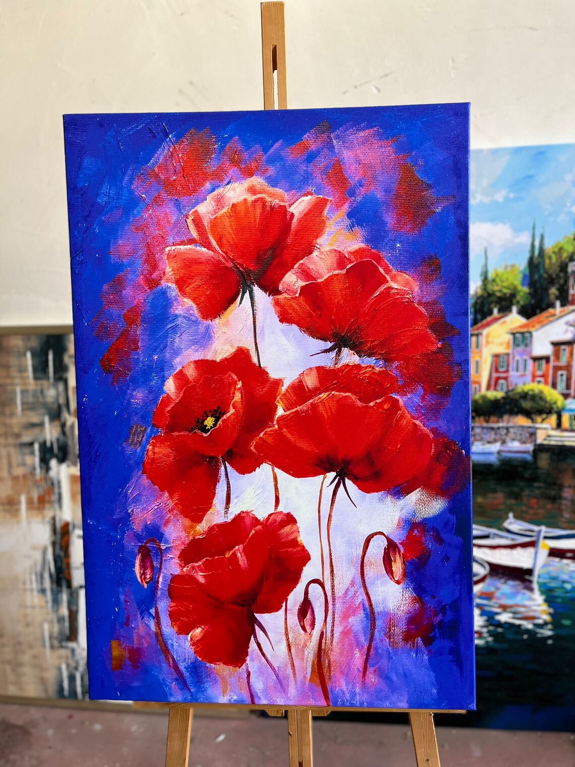 Red Poppies Oil Painting Vivid Blue Background Floral Canvas Wall Art