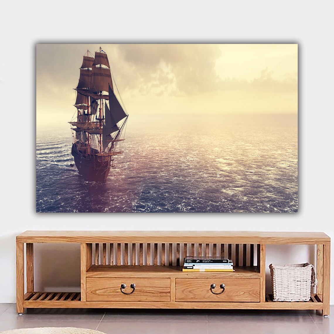 Old Galleon Ship Calm Golden Sunset Sea Vintage Nautical Art Poster