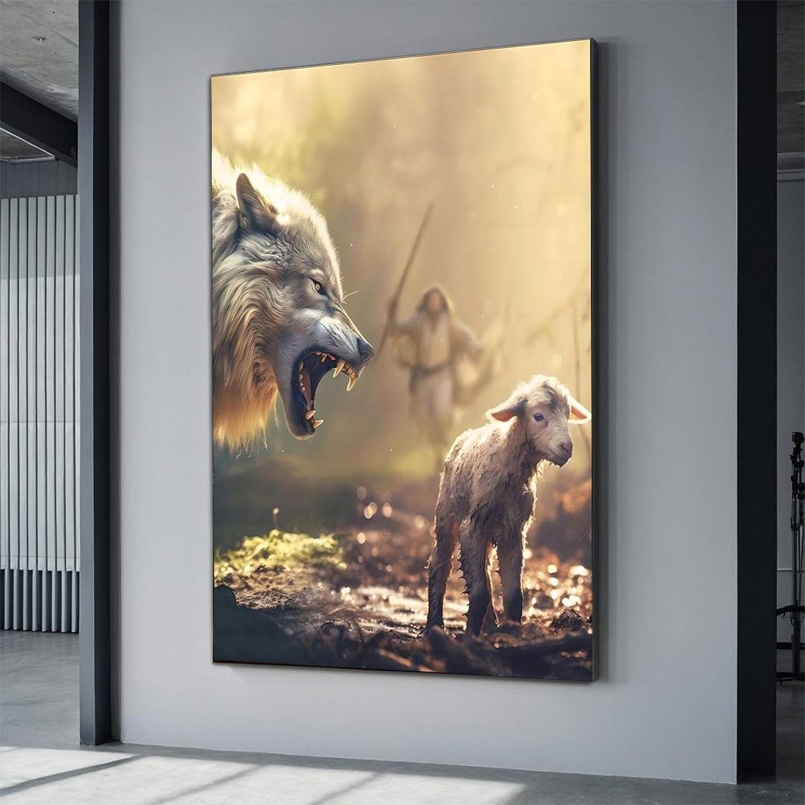 Shepherd Protects Lamb From Snarling Wolf Jesus Faith Artwork Poster