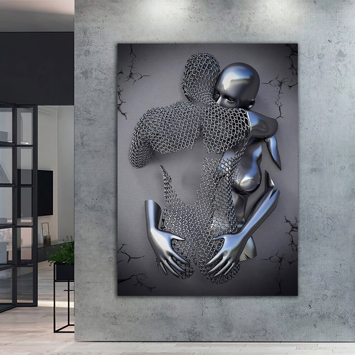 Hug Love Couples, Silver Glitter 3D Effect Art Print
