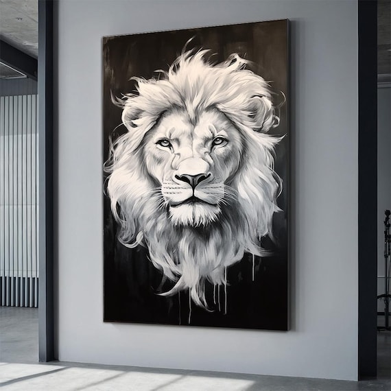 Lion Face Windswept White Mane Black Background Portrait Poster