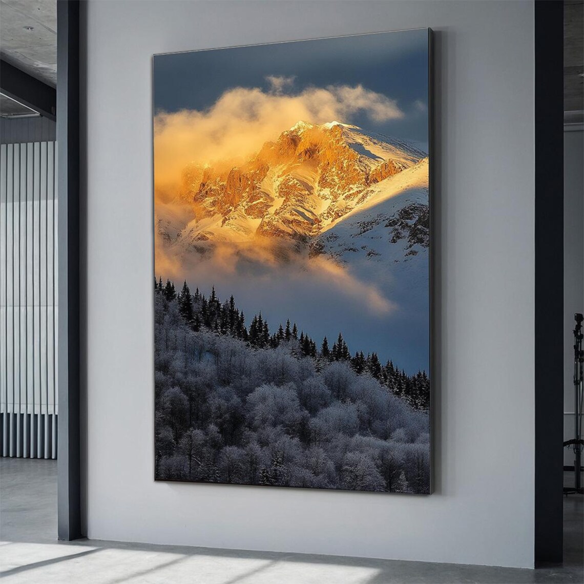 Golden Sunrise Snowy Mountain Peak Frosty Forest Winter Art Poster