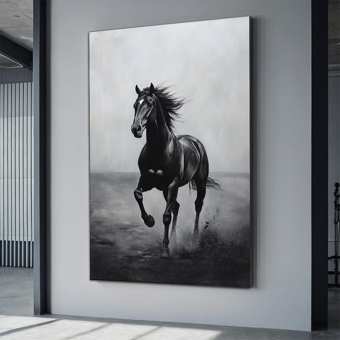Galloping Black Horse Misty Field Monochrome Equine Action Wall Poster