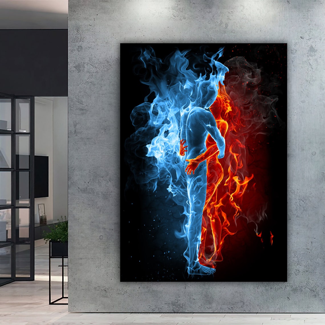 Flaming Couple Blue Fire Man Red Fire Woman Embracing Art Poster