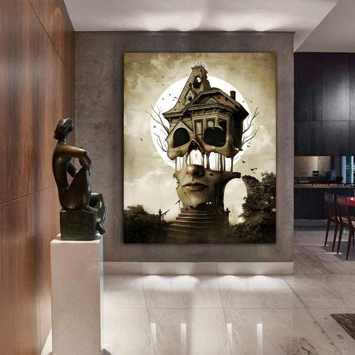 Surreal Haunted House Skull Moon Fantasy Dark Gothic Wall Art Print