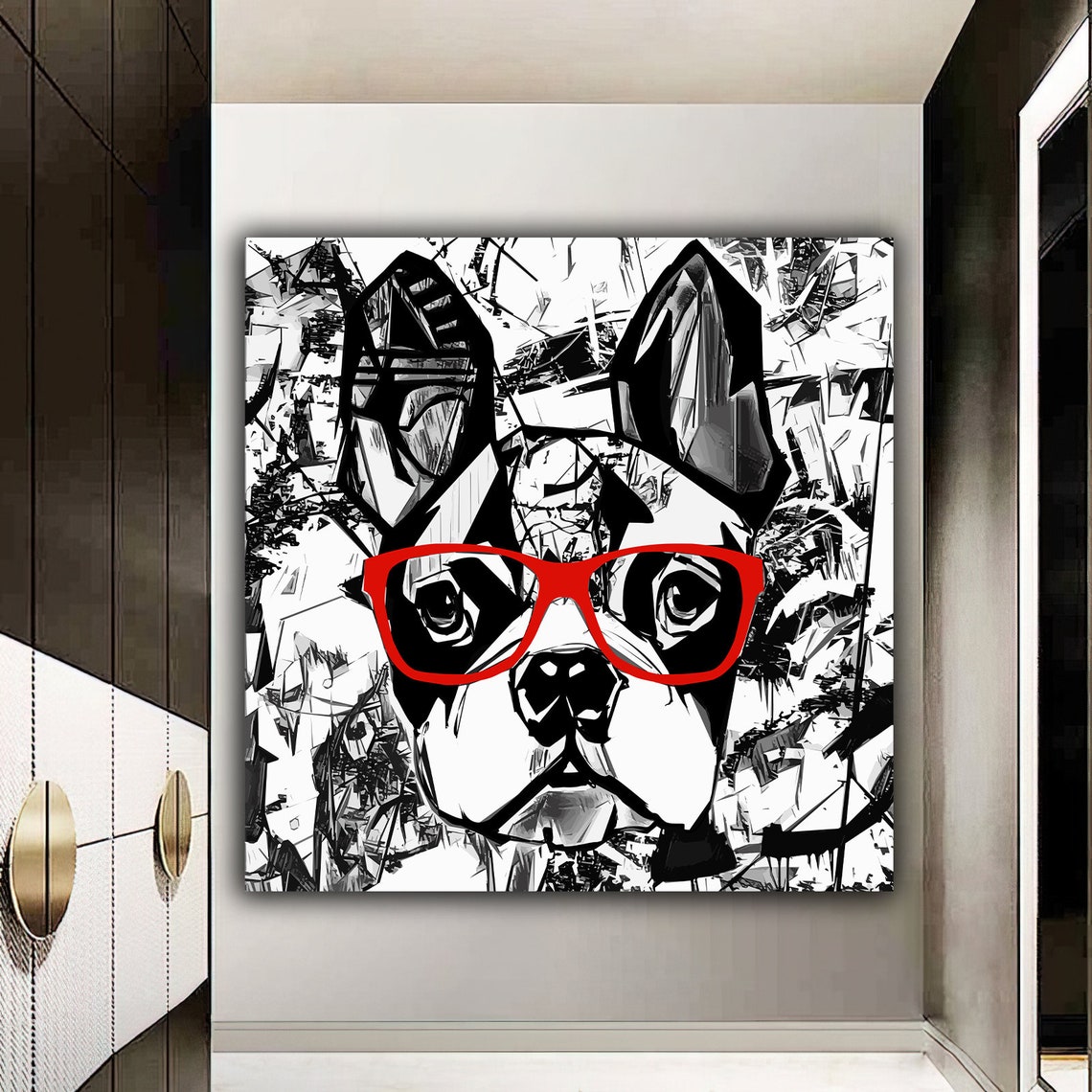 Pop Art Dog Wearing Red Glasses Black White Funny Pet Wall Art