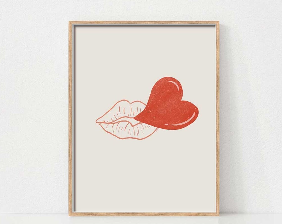 Valentine Lips Blowing a Red Heart Kiss Minimalist Art Poster