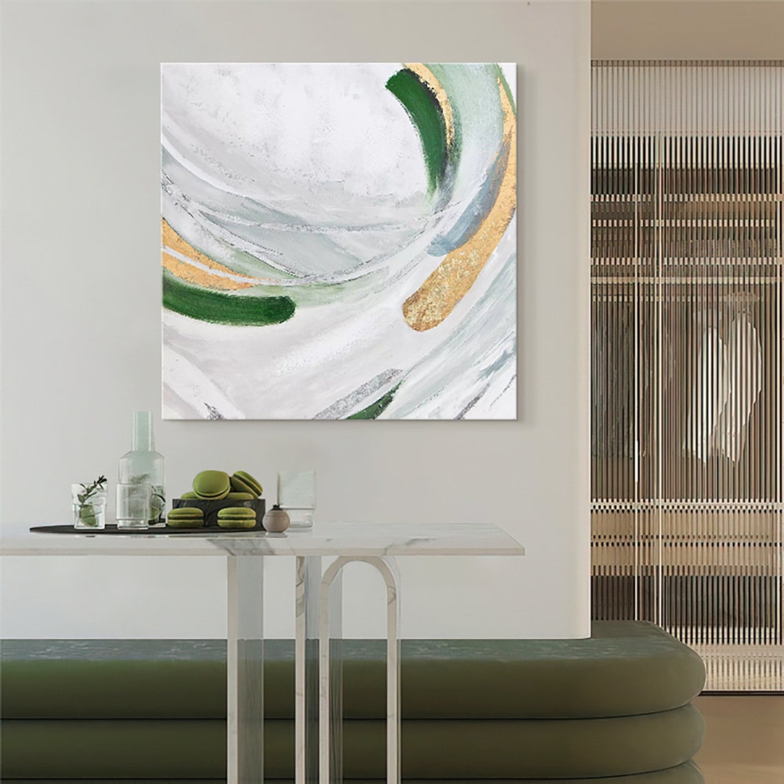 Green Gold White Circular Abstract Diptych Modern Canvas Wall Art - Image 2