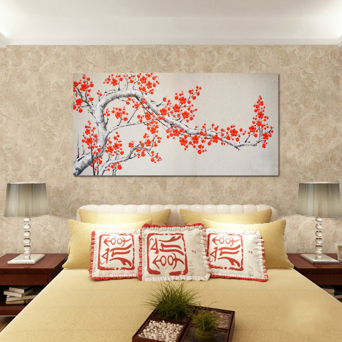 Red Plum Blossom Branch On Cream Background Asian Style Poster - Image 2