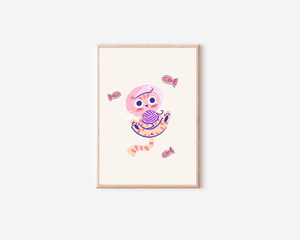 Outer Space Cat And Fish Nursery Art Print - Image 4
