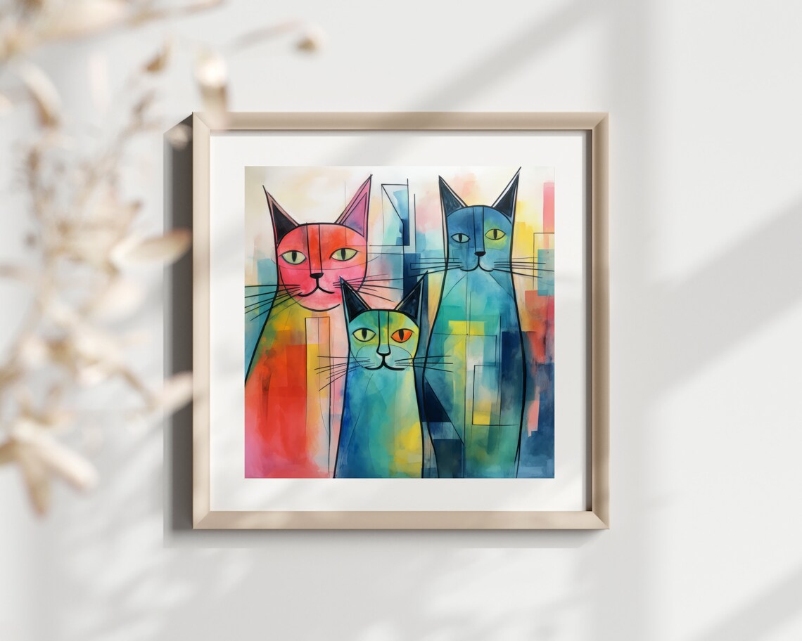 Three Abstract Colorful Cats Watercolor Painting Modern Pet Decor Print - Image 2