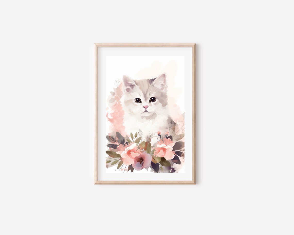 Watercolor White Kitten With Pink Flowers Boho Nursery Cat Wall Art - Image 4