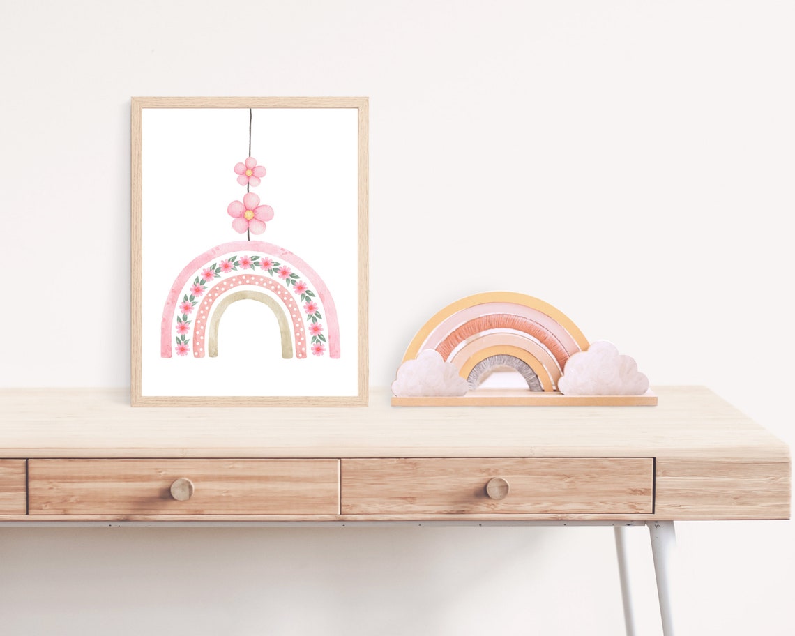 Pink Floral Rainbow Nursery Art Print for Baby Girl - Image 3