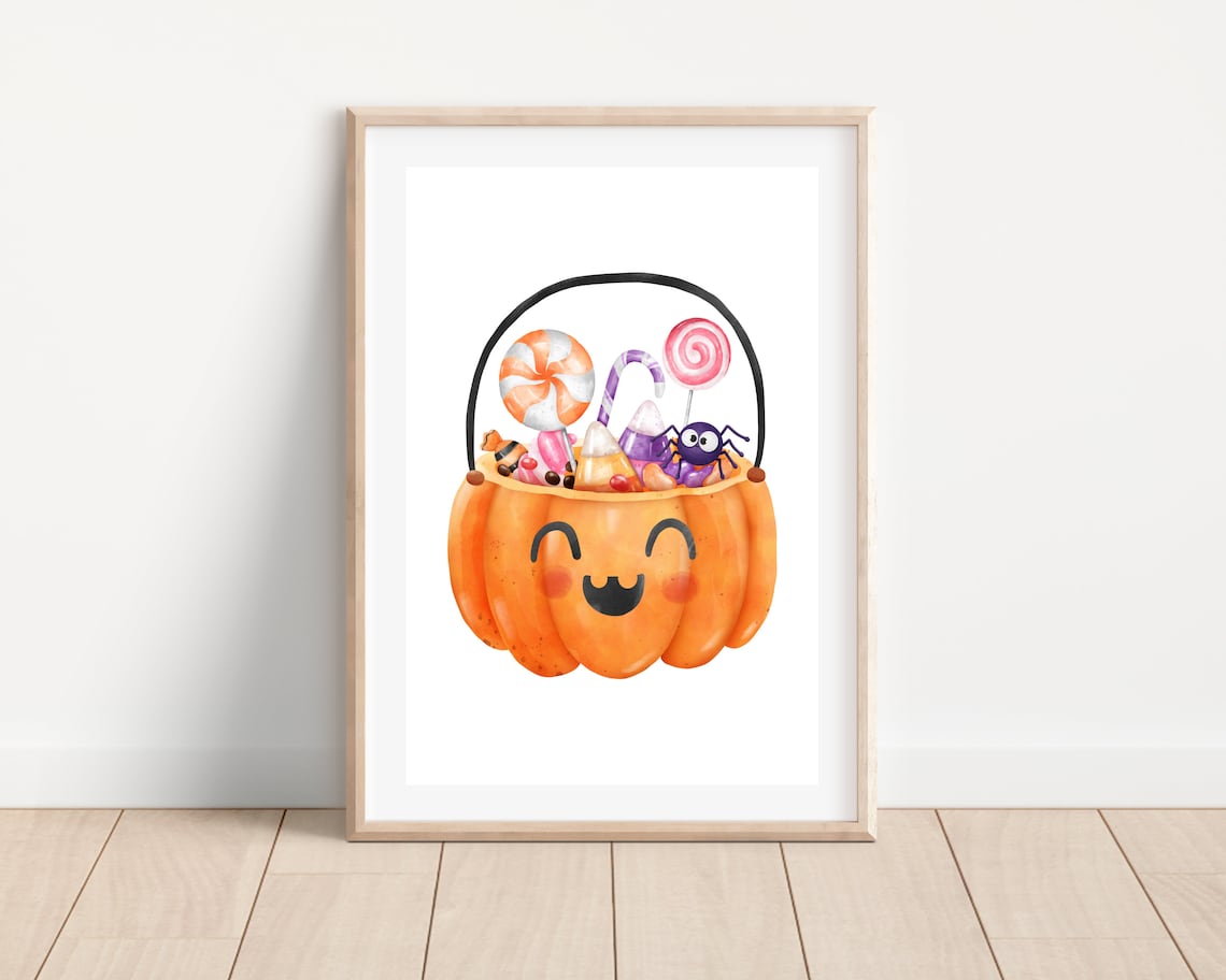 Cute Halloween Pumpkin Candy Basket Smiling Jack-O-Lantern Wall Art
