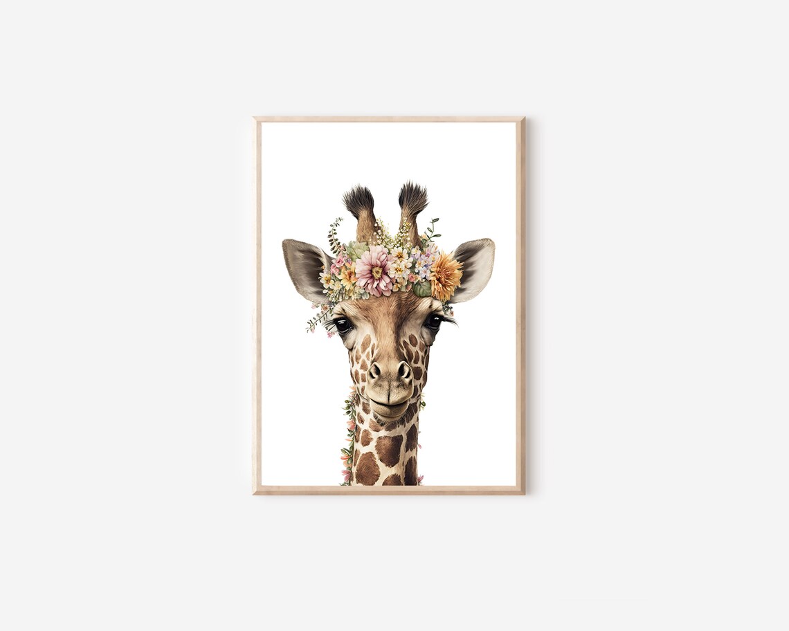 Boho Baby Giraffe Wearing Flower Crown Portrait Nursery Wall Art - Image 4