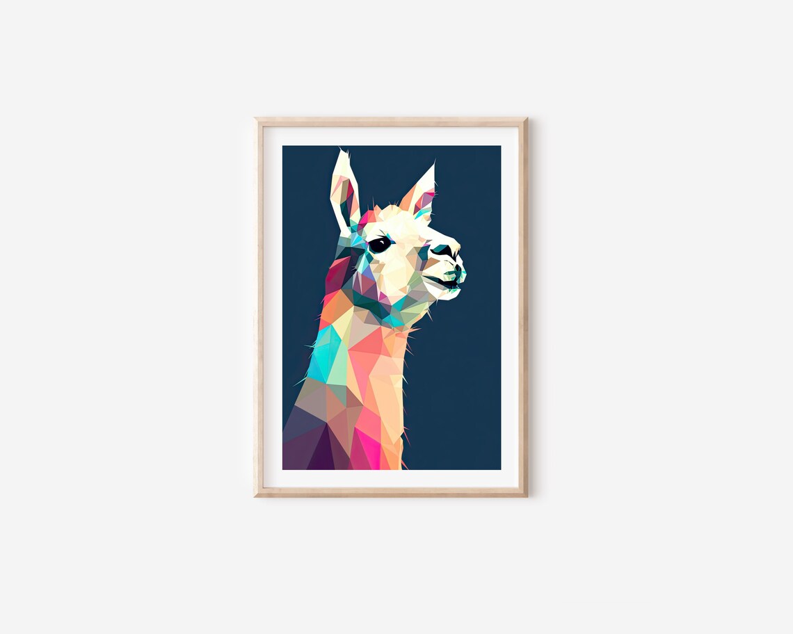 Colorful Geometric Low Poly Llama Portrait Navy Background Print - Image 4
