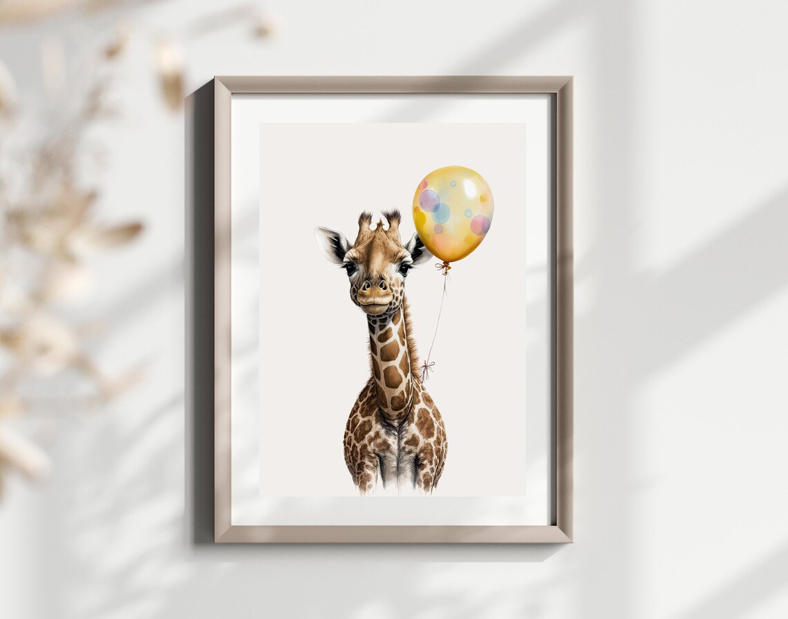 Baby Giraffe Holding Colorful Balloon Nursery Watercolor Safari Wall Art - Image 2