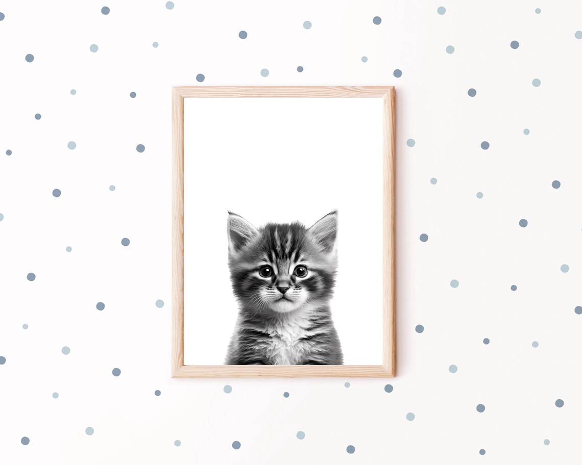 Black And White Kitten Portrait Minimalist Nursery Cat Wall Art - Image 2