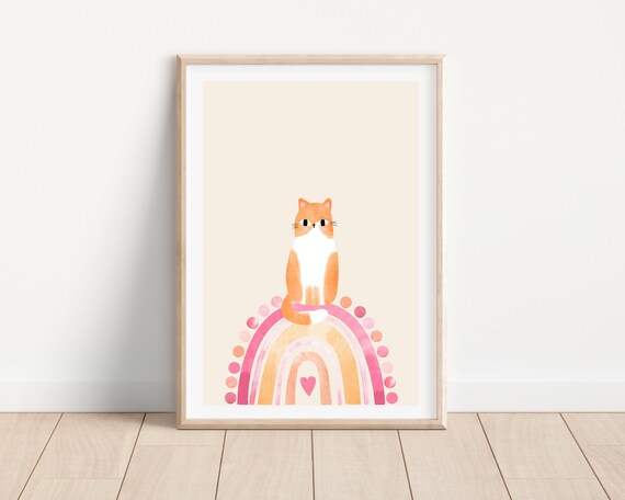 Cat On Rainbow Nursery Art Print, Boho Decor