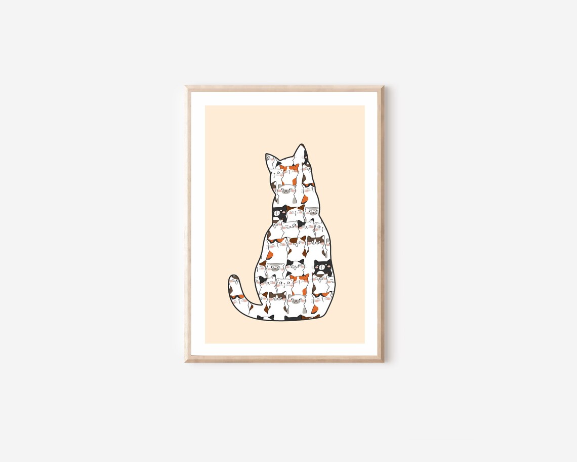 Funny Cat Silhouette Made Of Tiny Kittens Minimalist Peach Wall Art - Image 4
