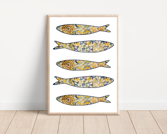 Portugal Boho Sardine Tile Art Print, Azulejo Style