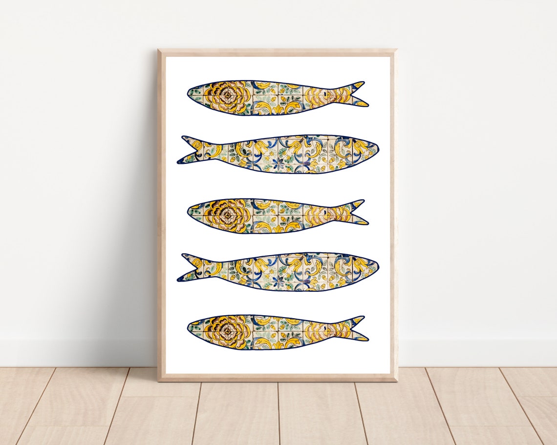 Portugal Boho Sardine Tile Art Print, Azulejo Style