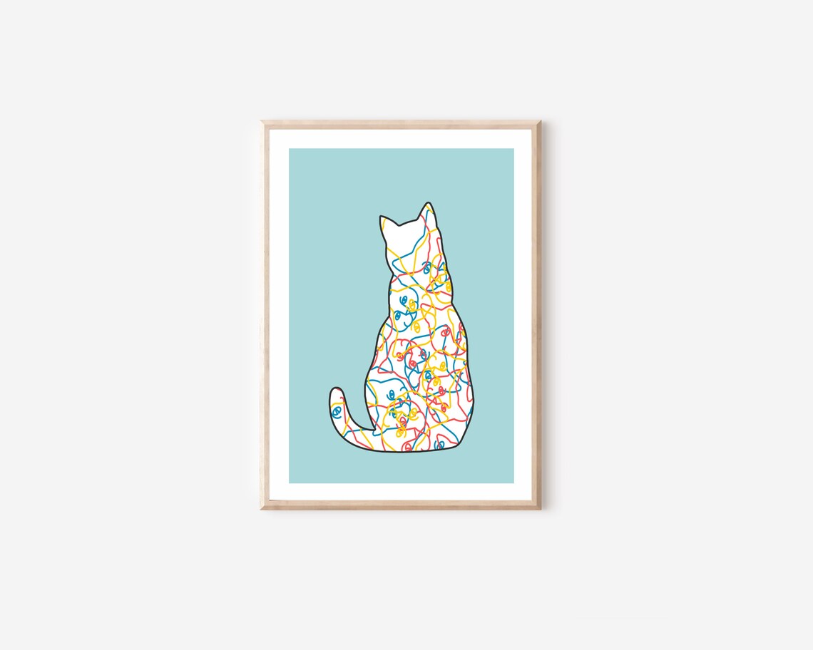 Cat Silhouette Doodle Scribble Colorful Abstract Modern Pet Decor Print - Image 4