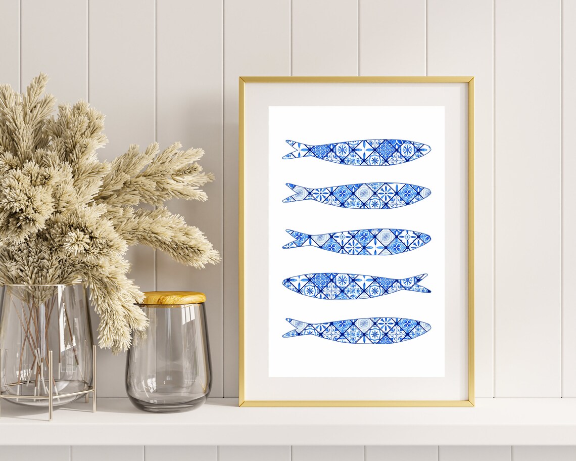 Blue Portuguese Sardine Tile, Boho Kitchen Art Print - Image 2