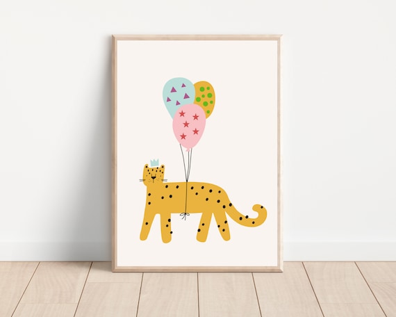 Boho Cheetah And Balloon Nursery Wall Art Print
