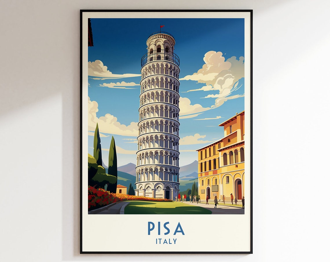 Pisa Leaning Tower Square Blue Sky Vintage Italy Travel Poster