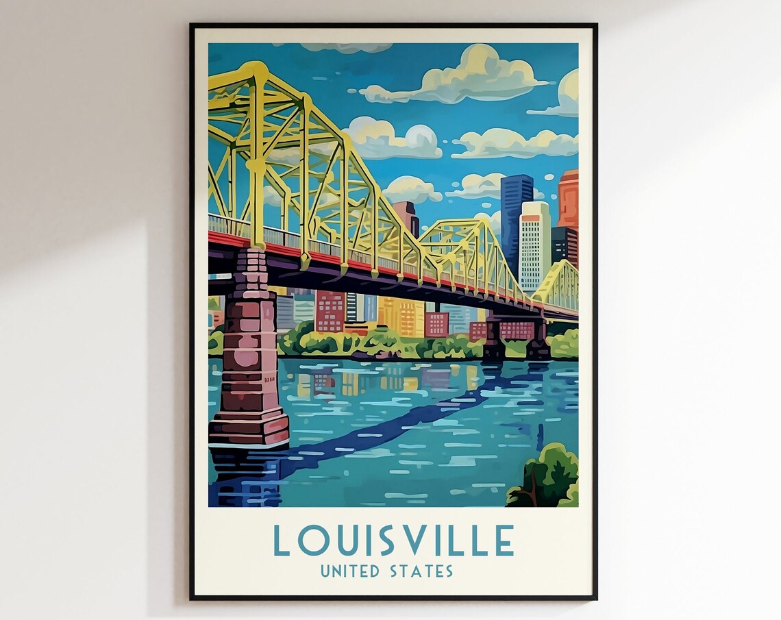 Louisville United States Vintage Yellow Truss Bridge Skyline Poster