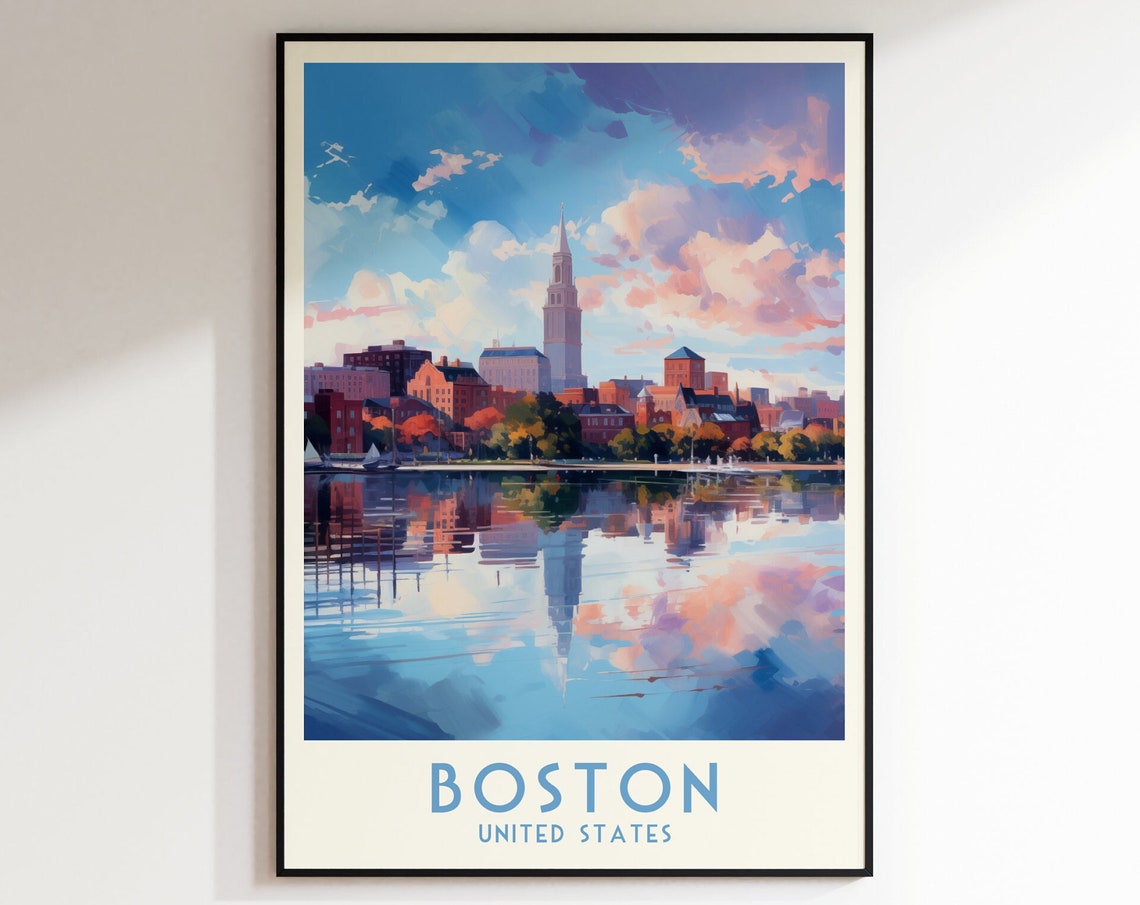 Boston Harbor Skyline Water Reflection in Watercolor Travel Poster