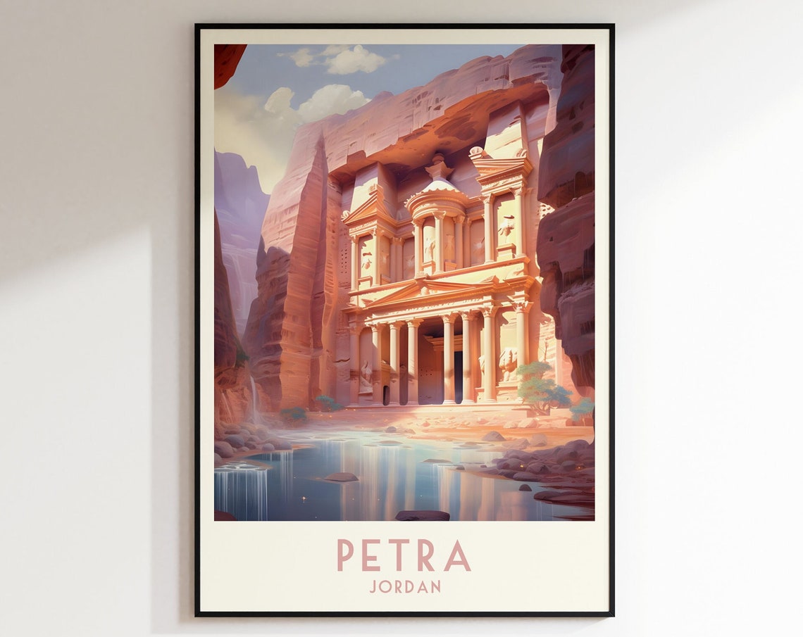 Petra Jordan Treasury Rose Canyon Facade Vintage Travel Poster
