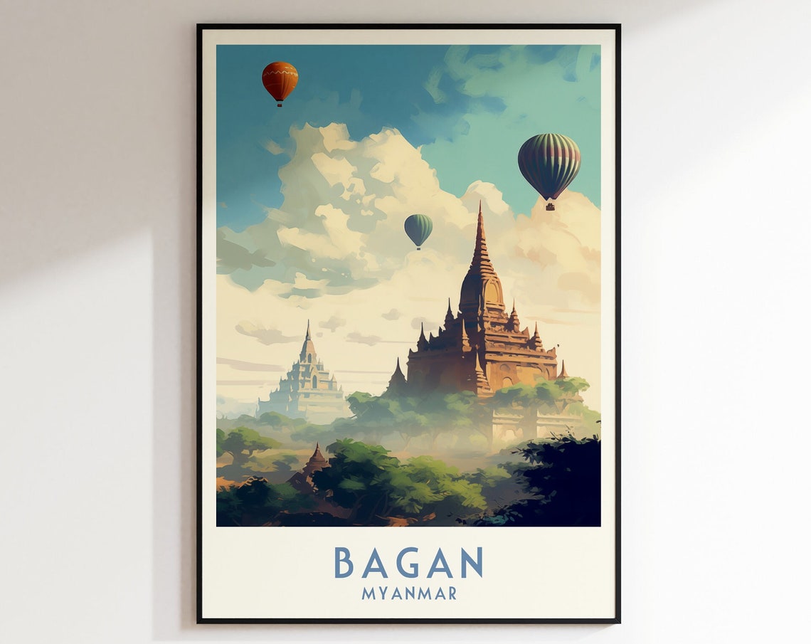 Bagan Myanmar Golden Ancient Temples With Hot Air Balloons Poster