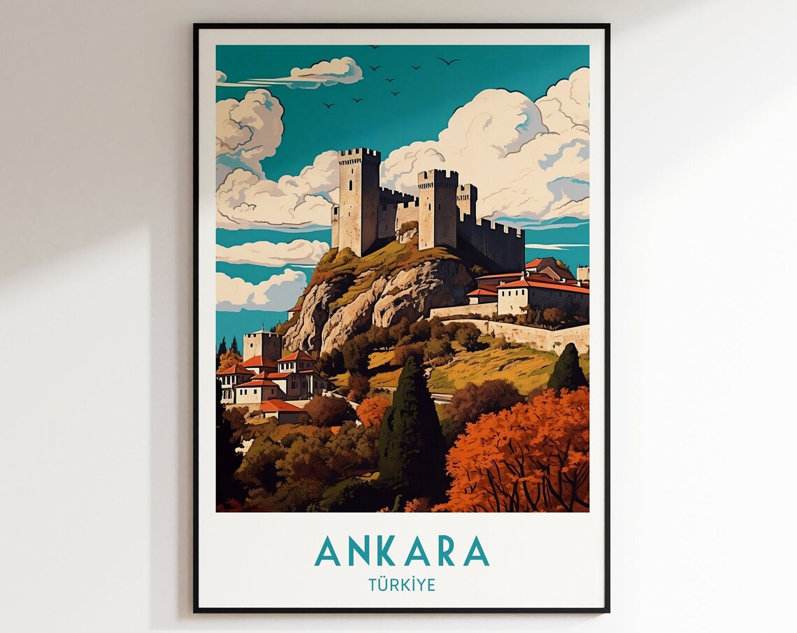 Ankara Turkiye Historic Castle Hilltop Autumn Skyline Travel Poster
