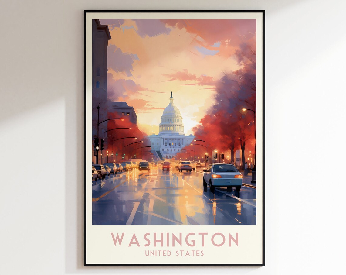 Washington United States Capitol Avenue Sunset Travel Poster