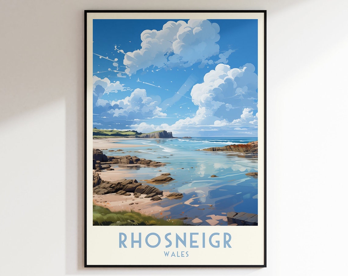 Rhosneigr Wales Sunny Rocky Beach Cloudscape Coastal Travel Poster