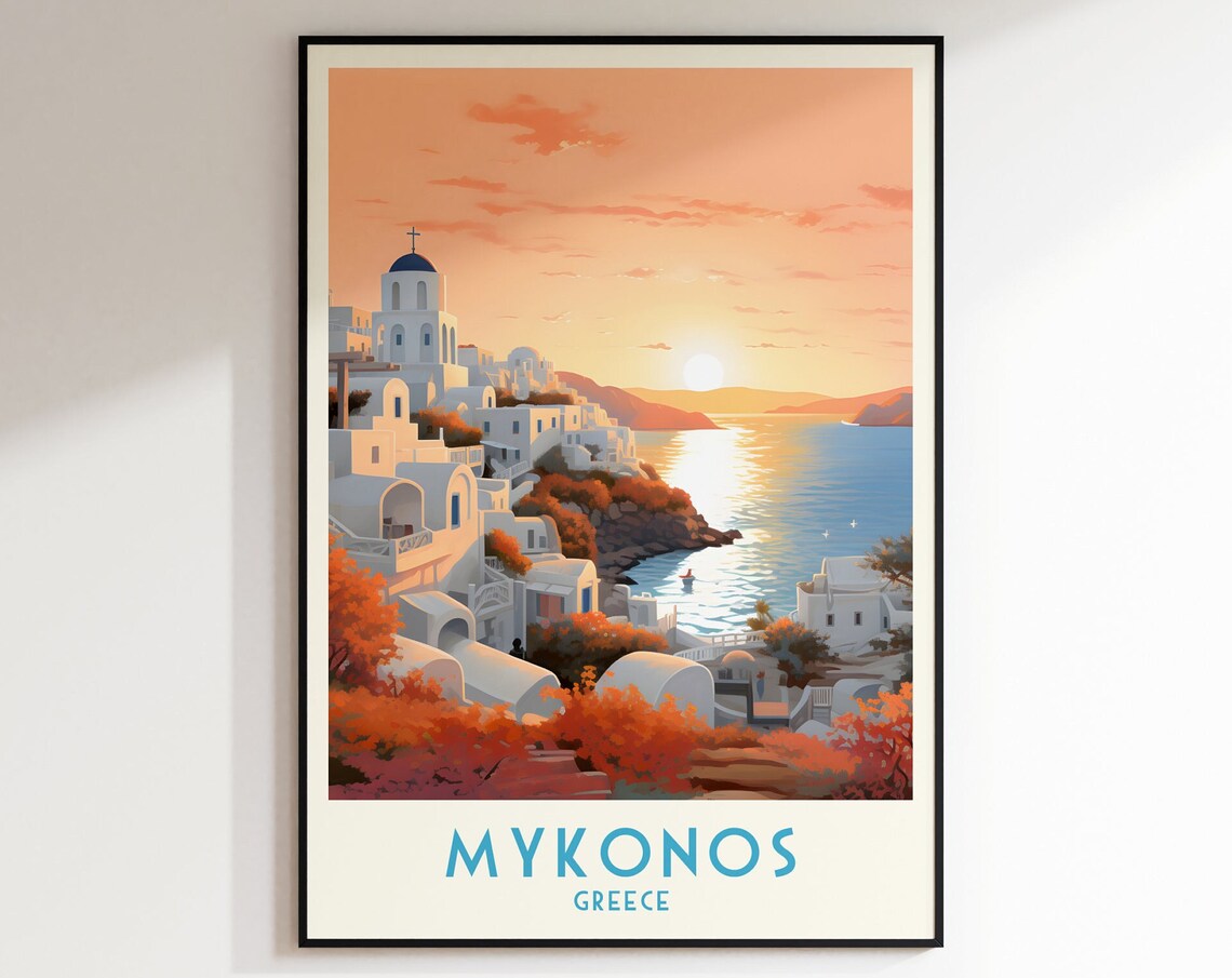 Mykonos Whitewashed Town Sunset Aegean Vintage Greece Travel Poster
