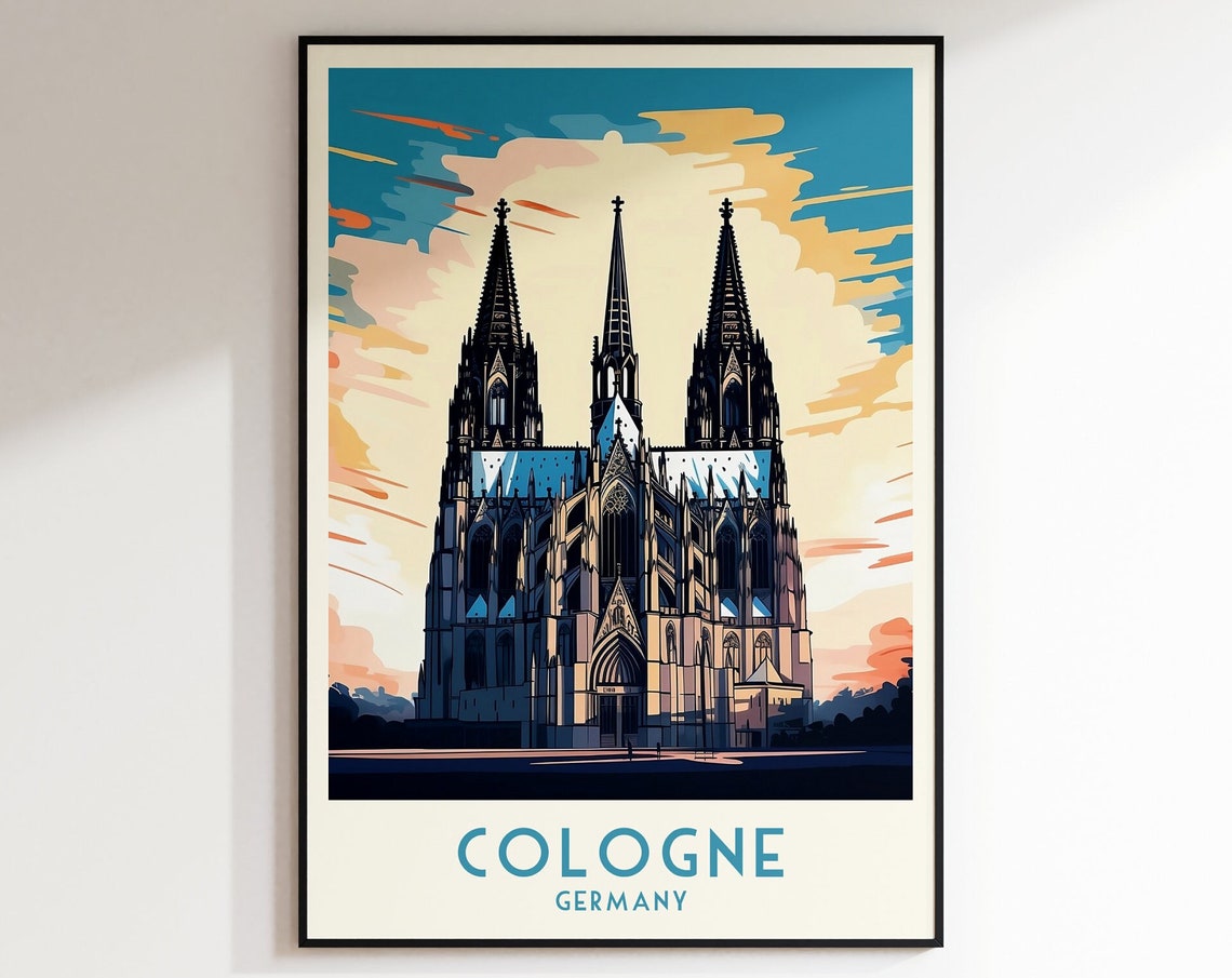 Cologne Cathedral Gothic Spires Sunset Vintage Germany Travel Poster
