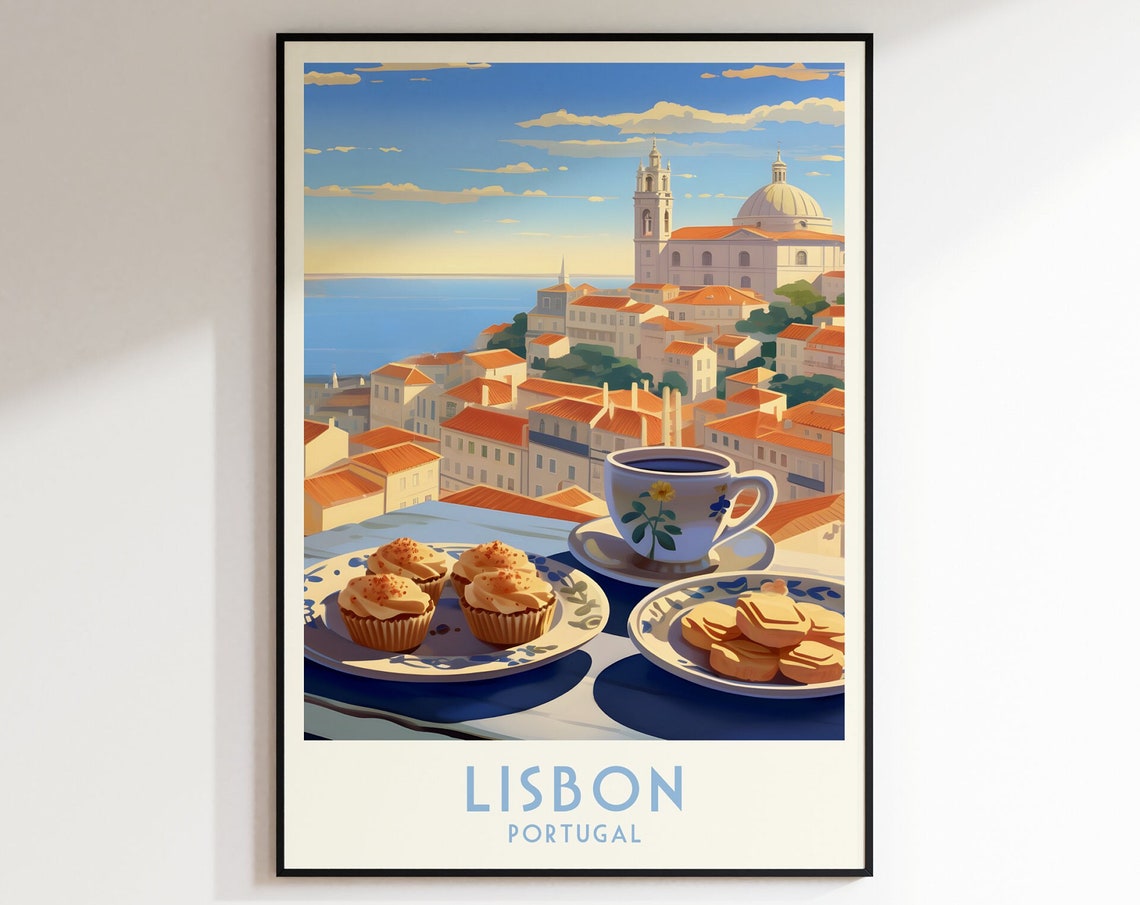 Lisbon Terrace Coffee and Pastries Overlooking Old Town Travel Poster